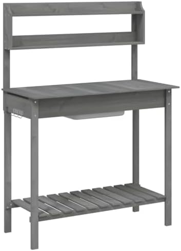 Potting Table with Sink, Solid Wood Garden Workstation, Outdoor Planting Bench with Drawer and Storage Shelves, 147.5x44x139.5 cm