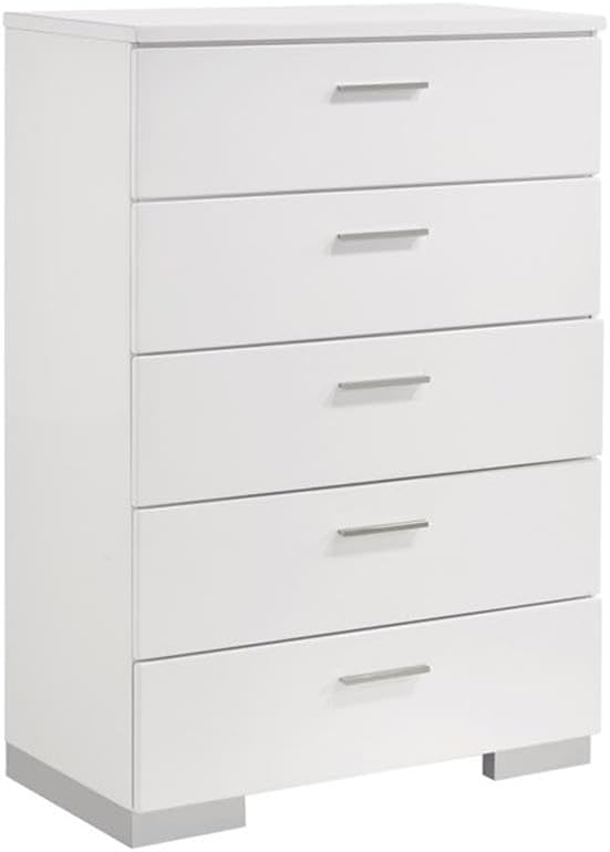 Pemberly Row 5-Piece Faux Leather Bedroom Set, Full Size, Glossy White Finish, Touch Lighting Headboard, Chrome Hardware, Felt-Lined Drawers, Includes Bed, Nightstand, Chest, Dresser, Mirror