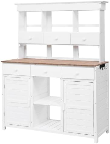 65.7'' H Tall Garden Potting Bench Table with Hutch,Patio Storage Workstation with 3 Shelves,6 Drawers,2 Bottom Cabinets&Side Hooks for Mudroom,Doorway (White, 65.7'')