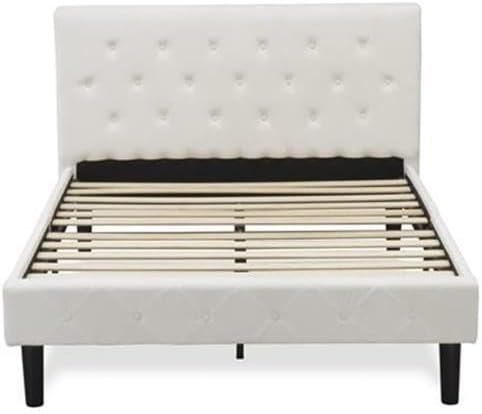 East West Furniture NL19F-1GO05 2 Piece Bedroom Set - Full Size Button Tufted Bed Frame - Linen white Velvet Fabric Upholstered Headboard and a Linen white Finish Nightstand