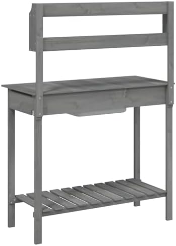 Potting Table with Sink, Solid Wood Garden Workstation, Outdoor Planting Bench with Drawer and Storage Shelves, 147.5x44x139.5 cm