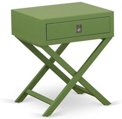 East West Furniture NL19F-1HA12 2 Piece Bedroom Set - Full Size Button Tufted Bed Frame - Linen white Velvet Fabric Upholstered Headboard and a Clover Green Finish Nightstand