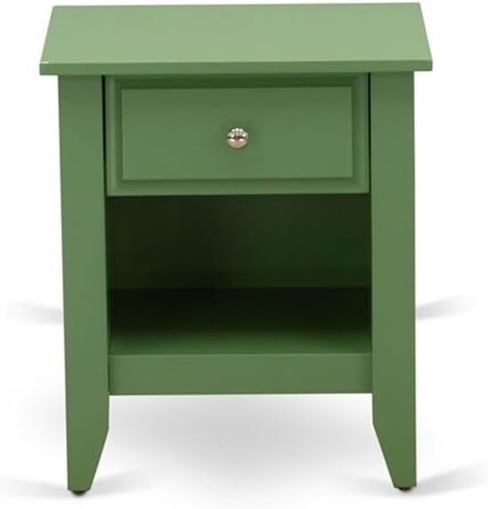 East West Furniture NL19F-1GA12 2 Piece Bedroom Set - Full Size Button Tufted Bed - Linen white Velvet Fabric Upholstered Headboard and a Clover Green Finish Nightstand