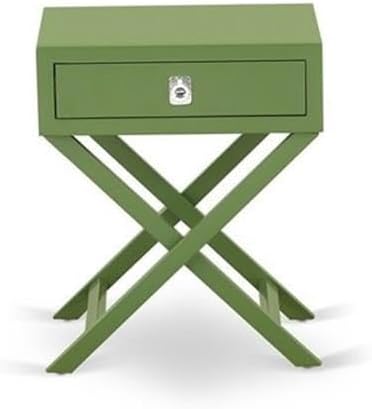 East West Furniture NL19F-1HA12 2 Piece Bedroom Set - Full Size Button Tufted Bed Frame - Linen white Velvet Fabric Upholstered Headboard and a Clover Green Finish Nightstand