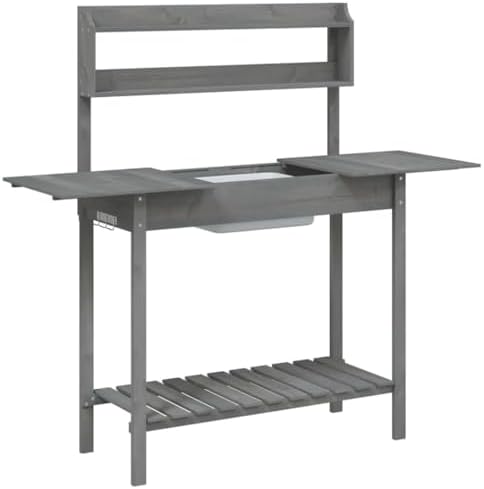 Potting Table with Sink, Solid Wood Garden Workstation, Outdoor Planting Bench with Drawer and Storage Shelves, 147.5x44x139.5 cm