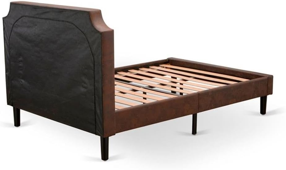East West Furniture GB25F-1HI07 2-Piece Platform Full Size Bed Set with Button Tufted Upholstered Bed and a Distressed Jacobean Night Stand - Dark Brown faux Leather with Black Texture and Black Legs