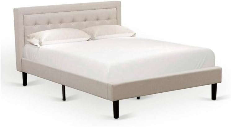 HomeStock Rustic Recluse 2 Piece Bedroom Set with Mist Beige Linen Fabric Headboard and Black Leg Finish Nightstand with USB Outlets White/Queen