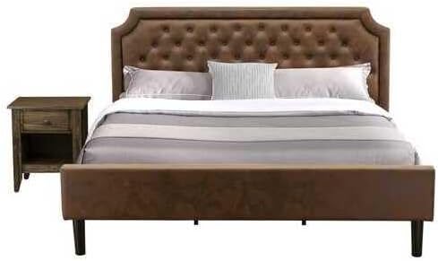 HomeStock Southwestern Sanctuary 2 Piece King Bedroom Set with Button Tufted Upholstered Bed and 1 Distressed Jacobean Nightstand Dark Brown Faux Leather with Black Texture and Black Legs
