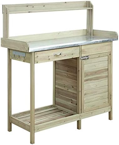 Natural Fir Wood Potting Bench with Galvanized Steel Table Top