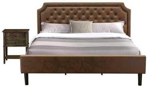 HomeStock Timeless Tradition 2-Piece Platform King Bedroom Set with Button Tufted Bed Frame and 1 Distressed Jacobean End Table - Dark Brown Faux Leather with Black Texture and Black Legs
