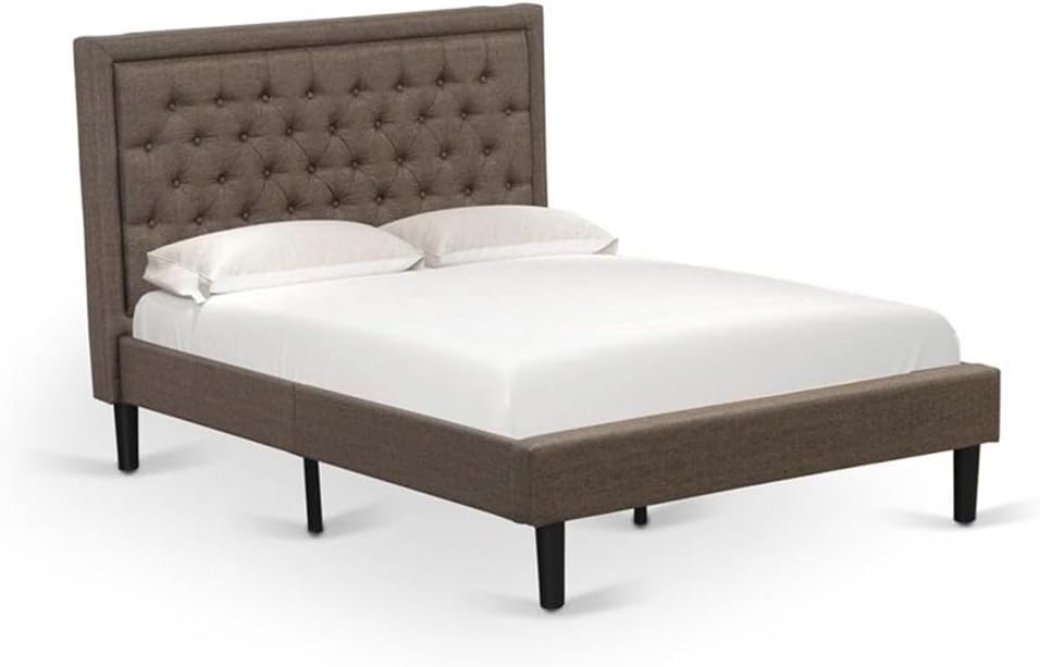 East West Furniture KD18F-1VL0C 2 Piece Wood Bedroom Set - 1 Full Bed Brown Linen Fabric Padded and Button Tufted Headboard with 1 Night Stands - Wire Brushed Butter Cream Finish Nightstand