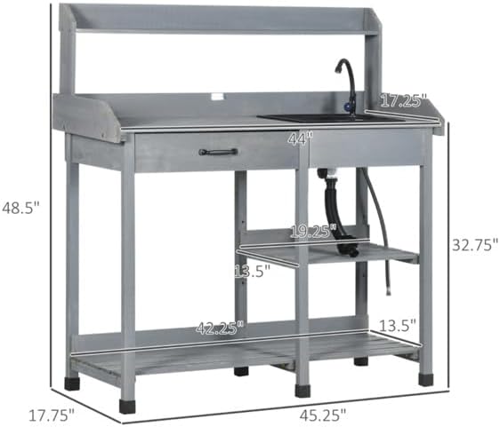 Outdoor Garden Work Bench with Sink and Storage – Potting Table with Drawer, Shelves, Hooks, and Waterproof Fir Wood for Gardening (Gray, Large)