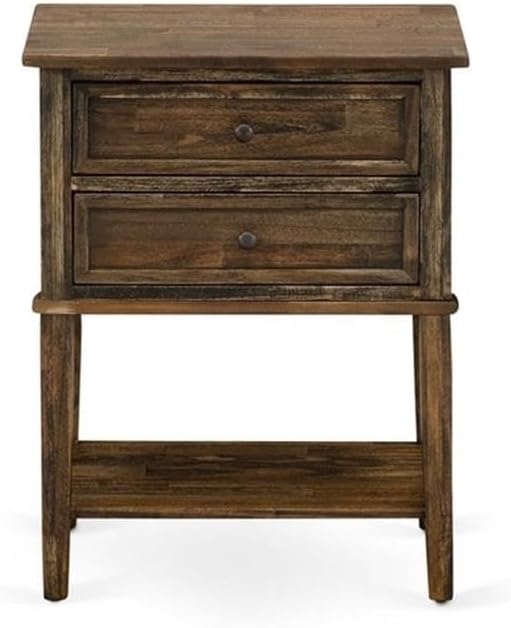East West Furniture GB28K-1VL07 2-Pc Platform Wooden Set for Bedroom with Button Tufted Bed and 1 Distressed Jacobean Mid Century Nightstand - Brown faux Leather with Brown Texture and Black Legs