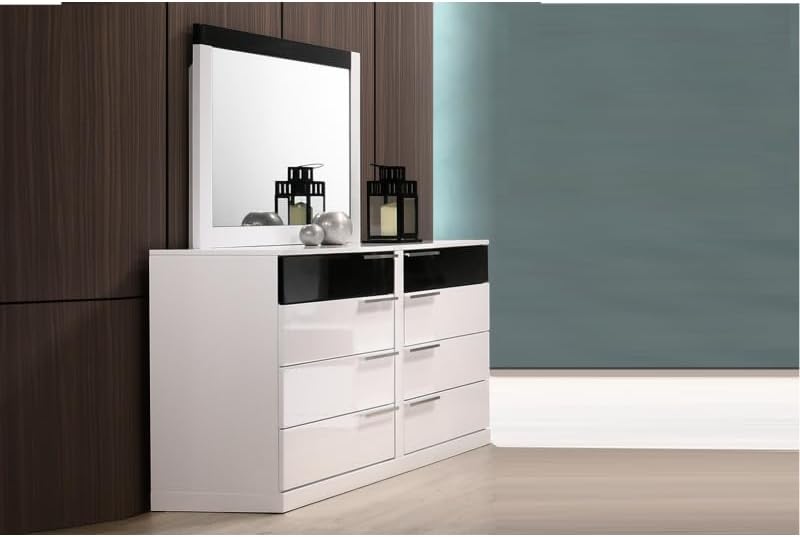 Modern Lacquer 6-Piece Eastern King Bedroom Set with LED Lightbox Console | High Gloss Finish Wood Bedroom Furniture Set, White/Black