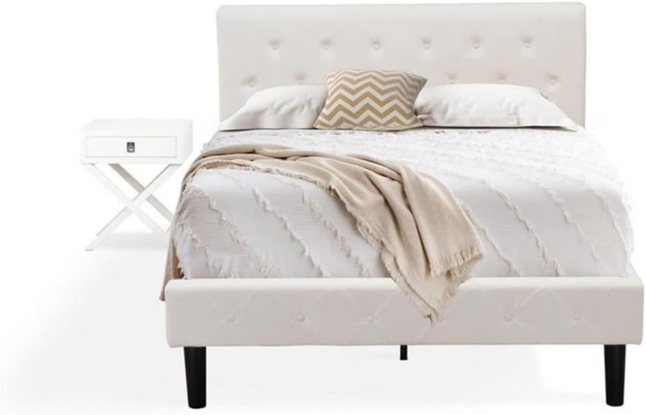 East West Furniture NL19F-1HA05 2 Piece Modern Bedroom Set - Full Size Button Tufted Bed - Linen white Velvet Fabric Upholstered Headboard and a Linen white Finish Nightstand