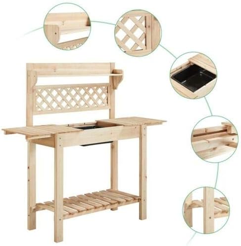 Multi-Function Desk Workstation Potting Bench Table w/Sliding Tabletop w/Removable Sink, Garage Indoor Outdoor Garden Wooden Patio Balcony