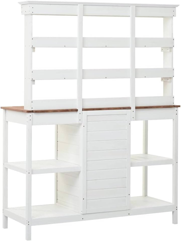 Sturdy Farmhouse-Style Wooden Potting Bench for Outdoor Gardening, Spacious Work Surface with Storage Shelves, Drawers and Cabinet (White + Solid Wood + Wood)