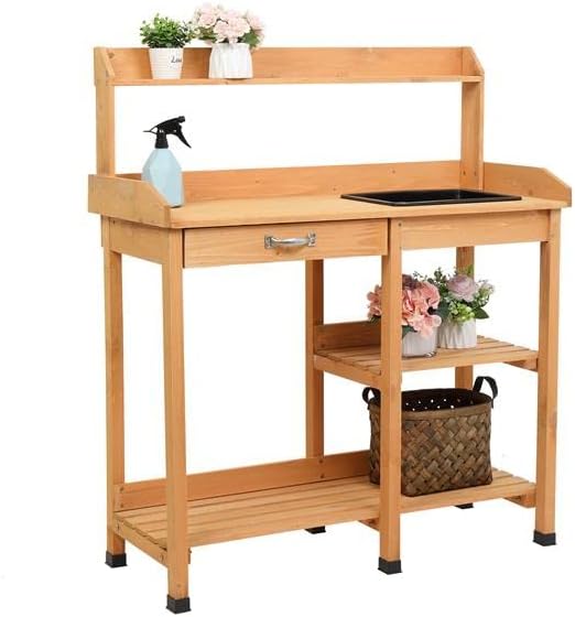 Multi-Use Table Work Station Planting Table Potting Patio Balcony Outdoor Garden Bench Tabletop w/Sink Shelves Solid Wood Construction Deck for People-Plant Pots