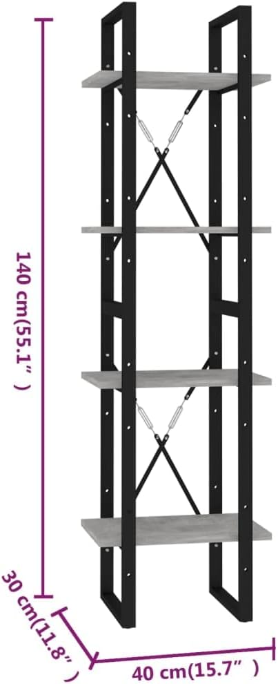 4-Tier Industrial Bookshelf, Modern Book Cabinet with Concrete Gray and Black Finish, Tall Storage Rack for Living Room, Home Office, Bedroom, 55.1 Inch Height