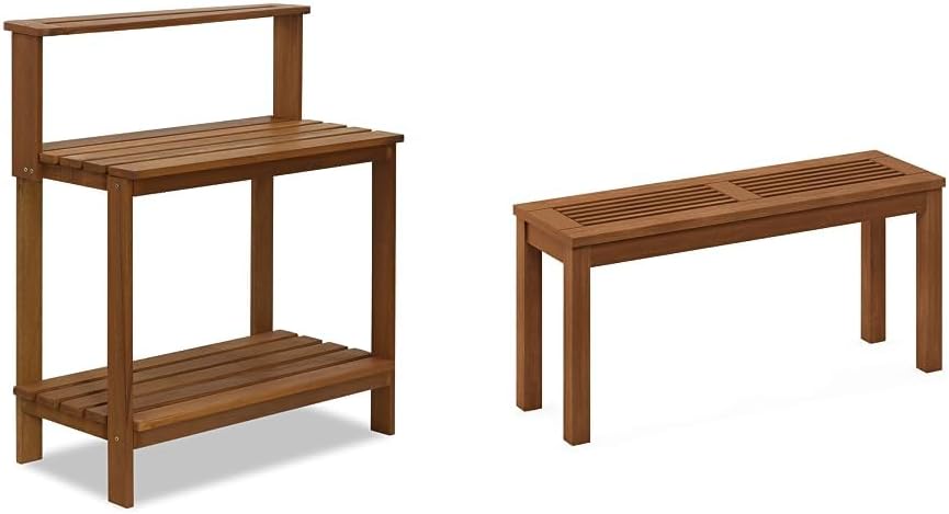 Furinno Tioman Outdoor Hardwood Potting Bench and Backless Bench