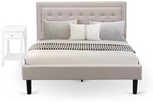 HomeStock Rustic Recluse 2 Piece Bedroom Set with Mist Beige Linen Fabric Headboard and Black Leg Finish Nightstand with USB Outlets White/Queen