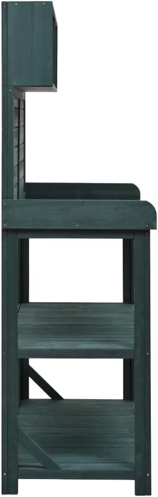 Rustic Wooden Garden Potting Bench with Storage Shelves and Side Hook for Outdoor Patio Workstation and Planting Tasks (Green + Solid Wood + Wood-1)
