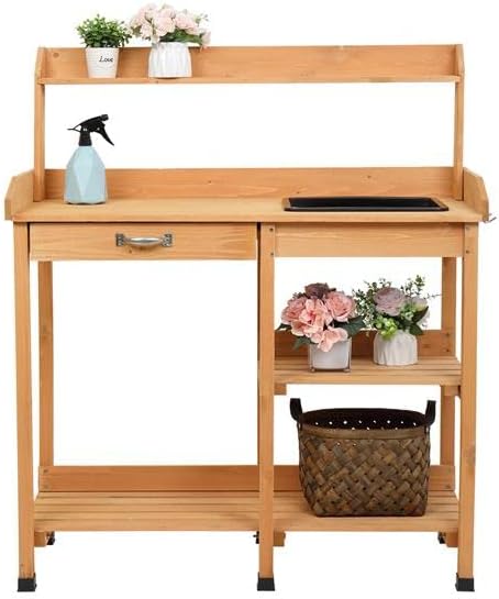 Multi-Use Table Work Station Planting Table Potting Patio Balcony Outdoor Garden Bench Tabletop w/Sink Shelves Solid Wood Construction Deck for People-Plant Pots