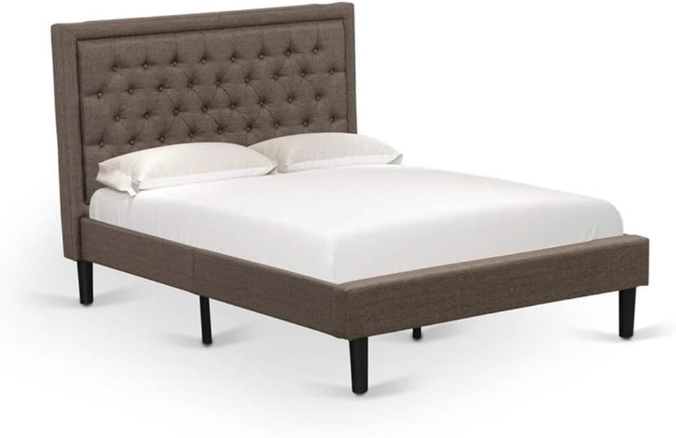 East West Furniture KD18F-1HI07 2 Piece Wood Bedroom Set - 1 Modern Bed Frame Brown Linen Fabric Padded and Button Tufted Headboard with 1 Wooden Nightstand - Distressed Jacobean Finish Nightstand