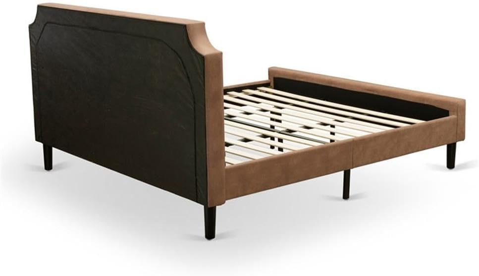 East West Furniture GB28K-1VL07 2-Pc Platform Wooden Set for Bedroom with Button Tufted Bed and 1 Distressed Jacobean Mid Century Nightstand - Brown faux Leather with Brown Texture and Black Legs