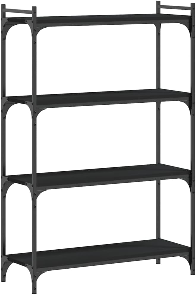 4-Tier Industrial Bookcase, Black Engineered Wood & Metal Frame, Stable Storage Shelf for Living Room, Office, Bedroom, Adjustable Feet