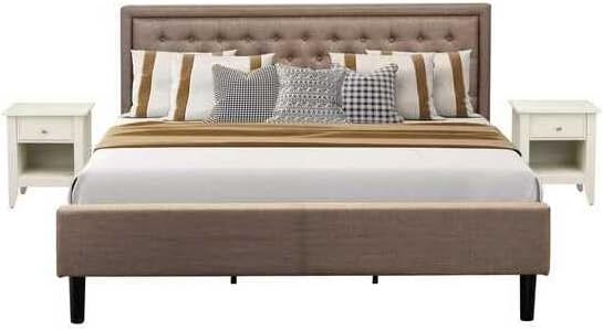 HomeStock Art Deco Dreams 3 Pc Bedroom Set 1 King Size Bed Dark Khaki Linen Fabric Padded and Button Tufted Headboard 2 Mid Century Nightstand with Wood Drawer Black Finish Legs