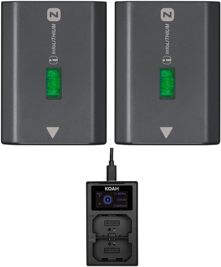 Sony Np FZ100 Z Series Battery Plus Koah Dual USB C Charger (3 Items) | Includes 2x Sony Np-Fz100, 2280mah and 16.4wh) Batteries and Koah Dual USB-C Charger, Infolithium Support