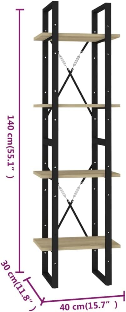 4-Tier Book Cabinet, Industrial Open Bookshelf with Sonoma Oak Shelves and Black Metal Frame, Modern Storage Display Rack for Living Room and Office, 55.1 Inches Tall