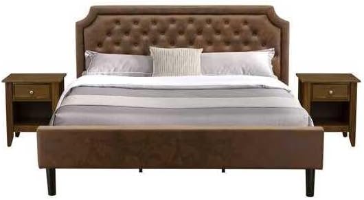 HomeStock Art Nouveau Allure 3 Piece Bedroom Set with Button Tufted King Size Bed and 2 Antique Walnut Mid Century Modern Nightstands Dark Brown Faux Leather with Black Texture and Black Legs
