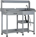 Outdoor Garden Work Bench with Sink and Storage – Potting Table with Drawer, Shelves, Hooks, and Waterproof Fir Wood for Gardening (Gray, Large)
