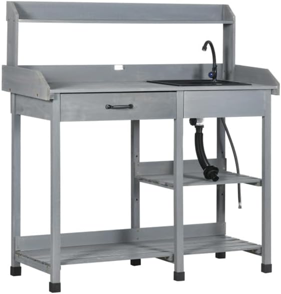 Outdoor Garden Work Bench with Sink and Storage – Potting Table with Drawer, Shelves, Hooks, and Waterproof Fir Wood for Gardening (Gray, Large)