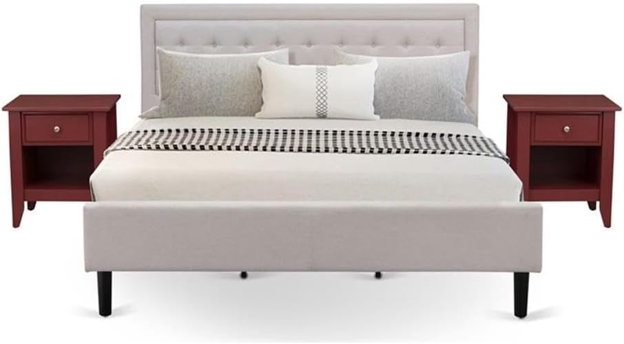 East West Furniture FN08K-2GA13 3-Piece Fannin Bedroom Set with 1 King Size Bed and 2 End Tables - Mist Beige Linen Fabric