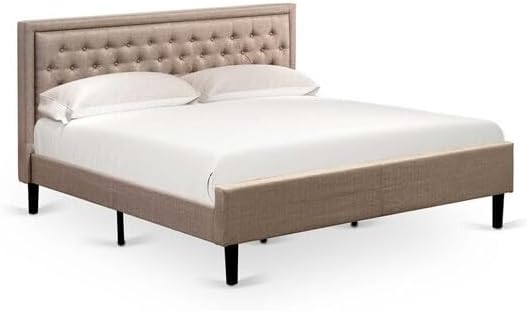 HomeStock Asian Allure 2 Pc Wooden Bedroom Set 1 King Size Bed Dark Khaki Linen Fabric Padded and Button Tufted Headboard 1 Nightstand with Wood Drawers Black Finish Legs