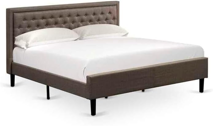 HomeStock Antique Appeal 3 Pc King Bedroom Set 1 King Bed Brown Linen Fabric Padded and Button Tufted Headboard 2 Nightstand with Mid Century Modern Drawer Black Finish Legs
