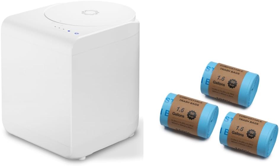 Airthereal Bundle | Revive Electric Kitchen Composter (White) and 3-Pack Compostable Trash Bags (1.6 Gallon, 150 Count, Blue) - Turn Food Waste and Scraps into Dry Compost Fertilizer