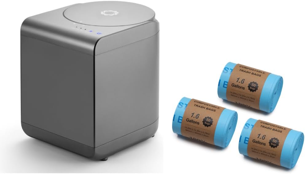 Airthereal Bundle | Revive Electric Kitchen Composter (Grey) and 3-Pack Compostable Trash Bags (1.6 Gallon, 150 Count, Blue) - Turn Food Waste and Scraps into Dry Compost Fertilizer