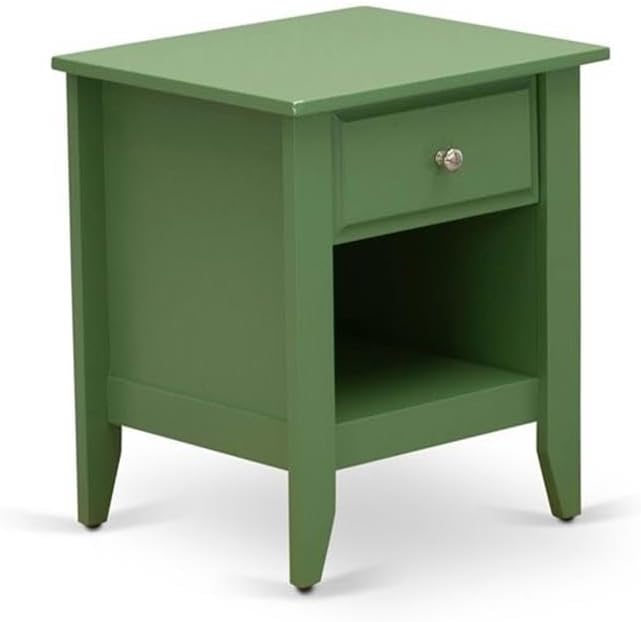 East West Furniture NL19F-1GA12 2 Piece Bedroom Set - Full Size Button Tufted Bed - Linen white Velvet Fabric Upholstered Headboard and a Clover Green Finish Nightstand