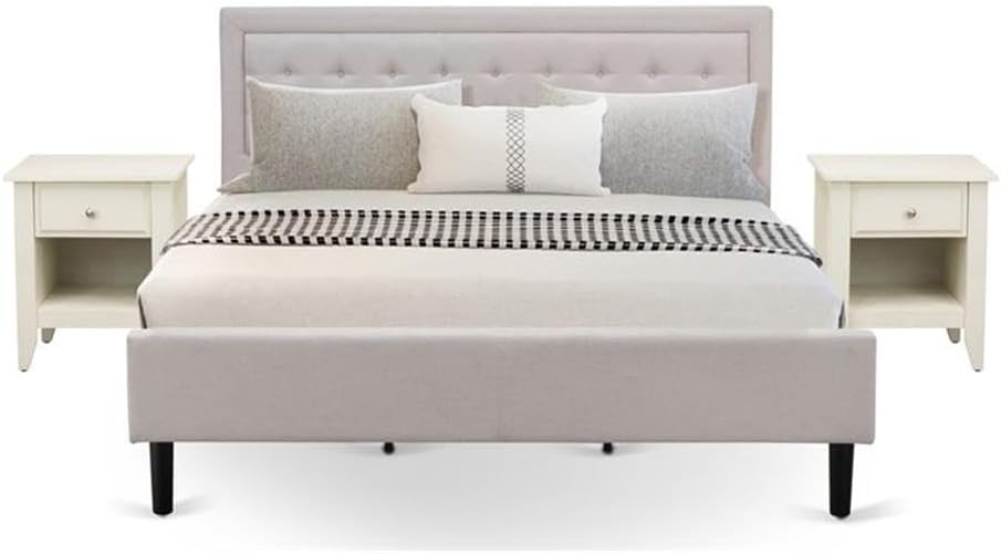 East West Furniture FN08K-2GA0C 3-Piece Platform King Size Bed Set with 1 King Size Bed Frame and 2 Mid Century Nightstands - Reliable and Durable Manufacturing - Mist Beige Linen Fabric