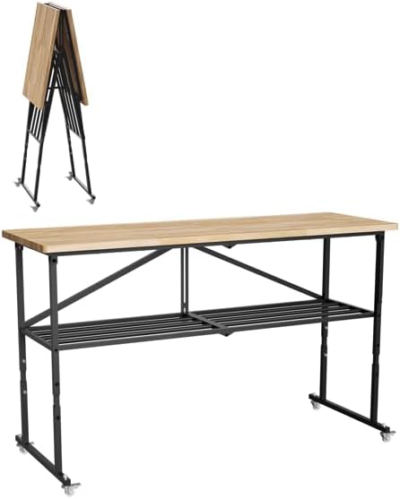 3-Level Height Adjustable Mobile Workbench, Hardwood Top with Steel Frame, Lockable 360° Wheels, Storage Shelf, Workshop Table for Garage, DIY Projects