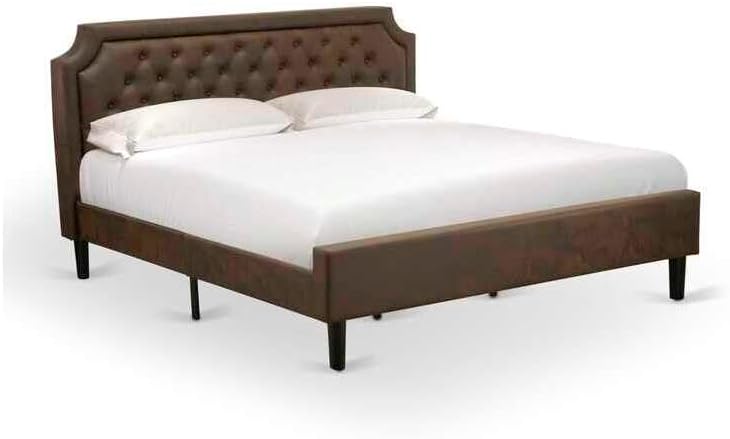 HomeStock Southwestern Sanctuary 2 Piece King Bedroom Set with Button Tufted Upholstered Bed and 1 Distressed Jacobean Nightstand Dark Brown Faux Leather with Black Texture and Black Legs