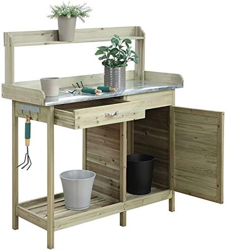 Natural Fir Wood Potting Bench with Galvanized Steel Table Top