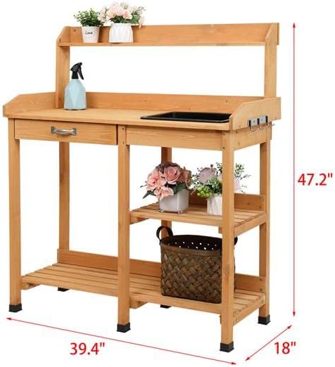Multi-Use Table Work Station Planting Table Potting Patio Balcony Outdoor Garden Bench Tabletop w/Sink Shelves Solid Wood Construction Deck for People-Plant Pots