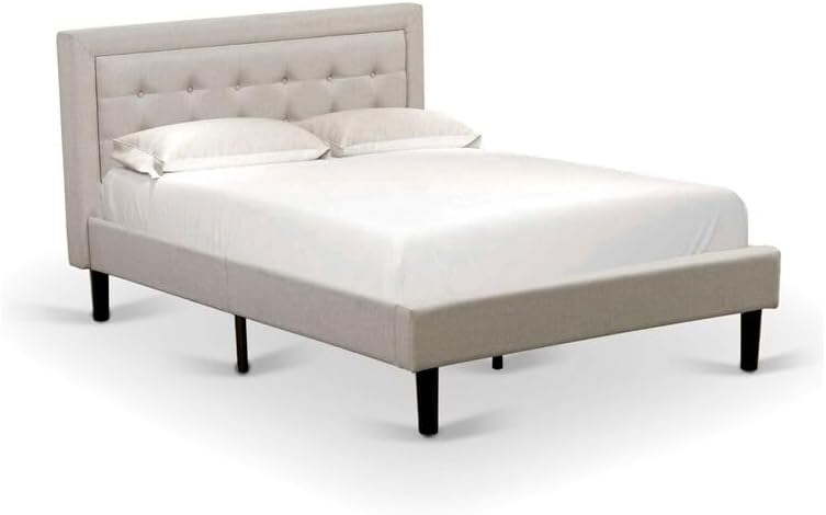 HomeStock Rustic Recluse 2 Piece Bedroom Set with Mist Beige Linen Fabric Headboard and Black Leg Finish Nightstand with USB Outlets White/Full