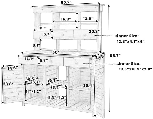 65.7'' H Tall Garden Potting Bench Table with Hutch,Patio Storage Workstation with 3 Shelves,6 Drawers,2 Bottom Cabinets&Side Hooks for Mudroom,Doorway (White, 65.7'')