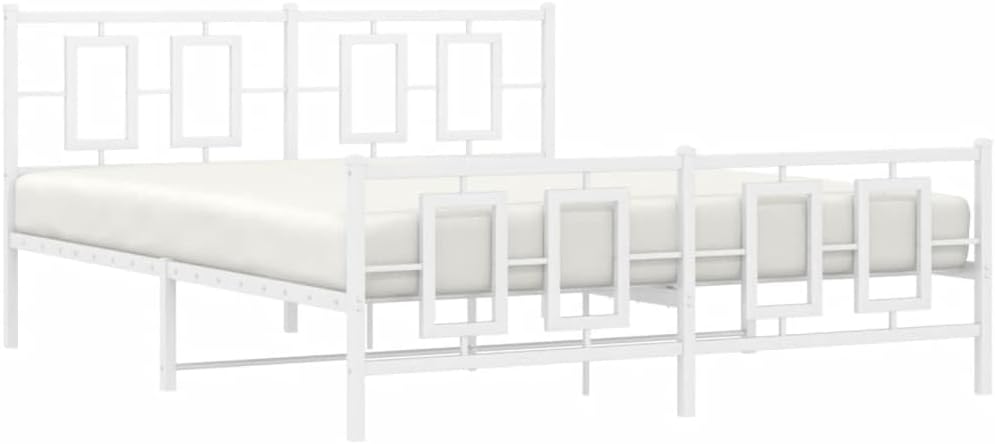 White Powder-Coated Steel King Bed Frame, Rectangular Metal Platform for King Size Mattress, Modern Bedroom Furniture with Under-Bed Storage